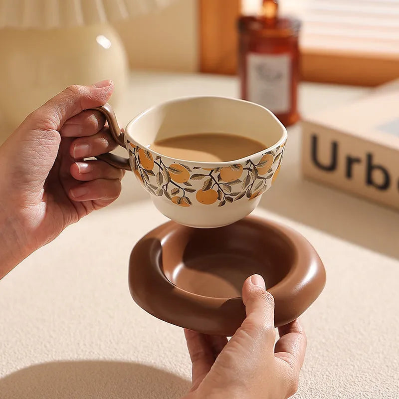 Ceramic coffee cup and saucer set in retro style, 210ml capacity, in black or orange colour