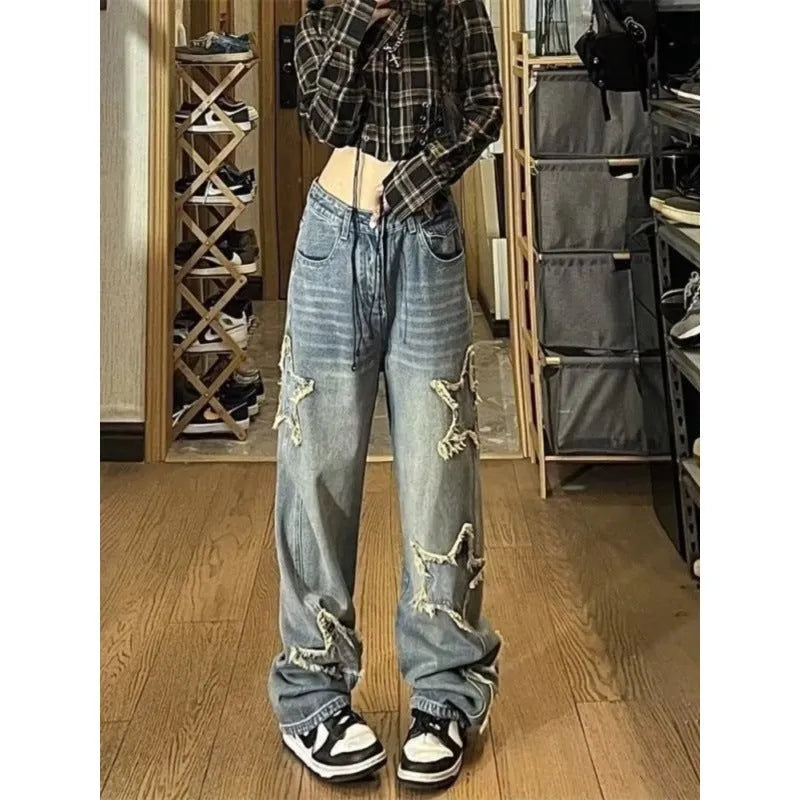 Blue high-waist straight-leg women's jeans laid flat.