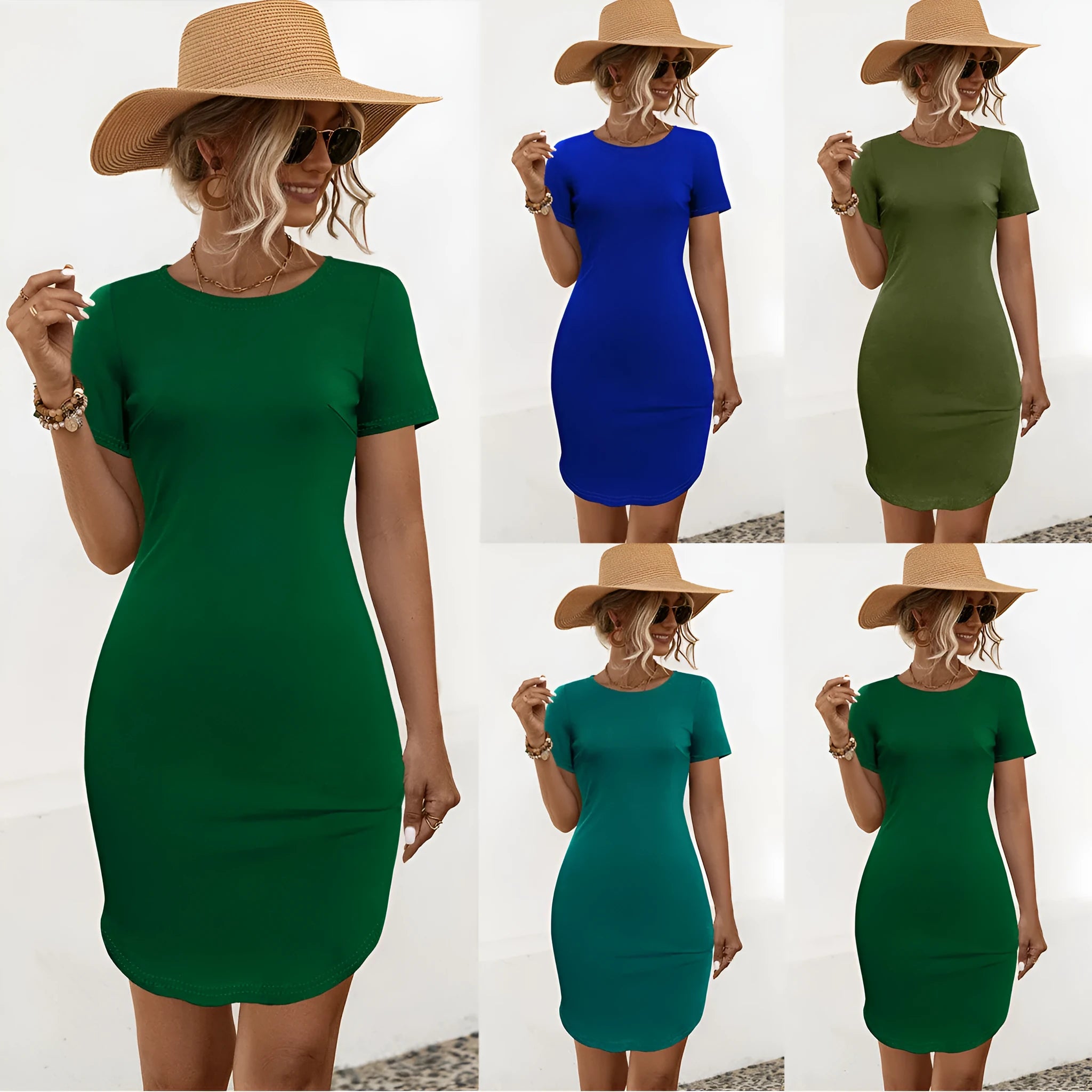 Women's slim fit short sleeve dress in solid colour with U-shaped split detail on mannequin.
