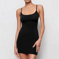 Black skinny sheath sling dress with sleeveless design and mid-waist cut