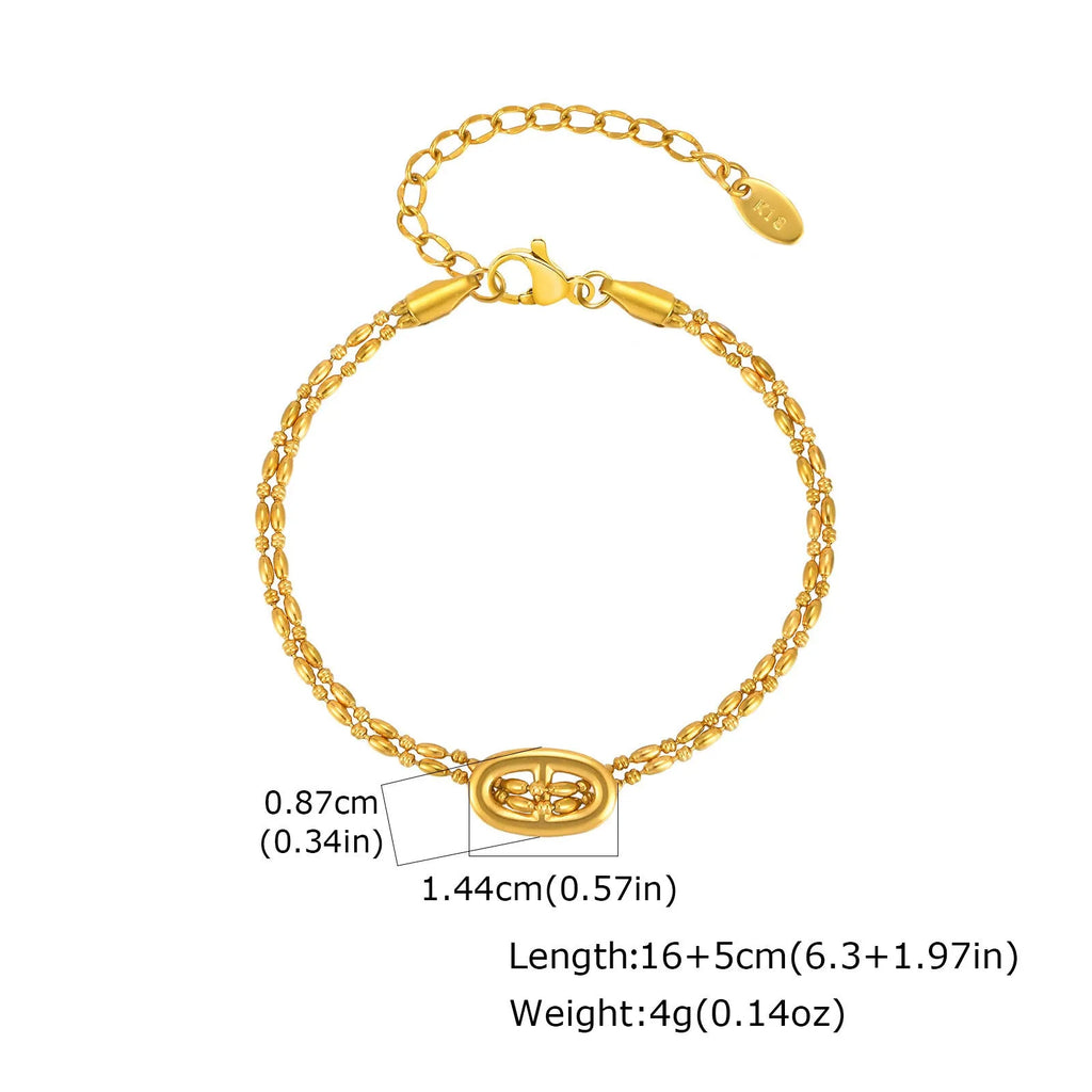 Women's titanium steel double-layer imitation pearl bracelet in geometric style with electroplated gold finish