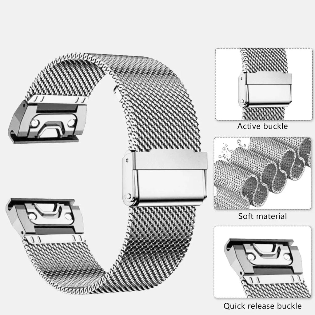 Stainless steel card-style replacement strap for Garmin Fenix smartwatch in silver finish.