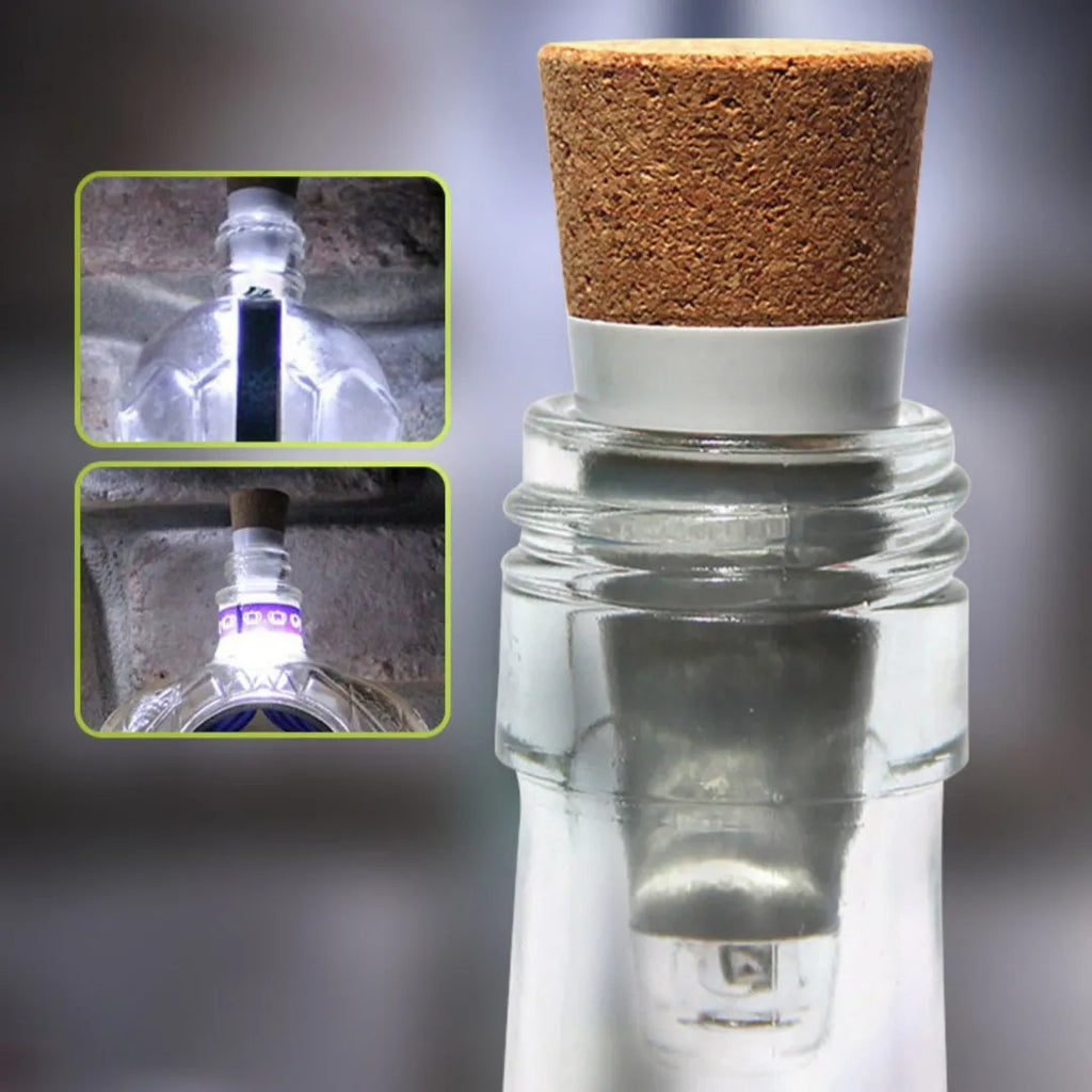 White rechargeable LED bottle cap cork light with plastic shell for holiday decoration.