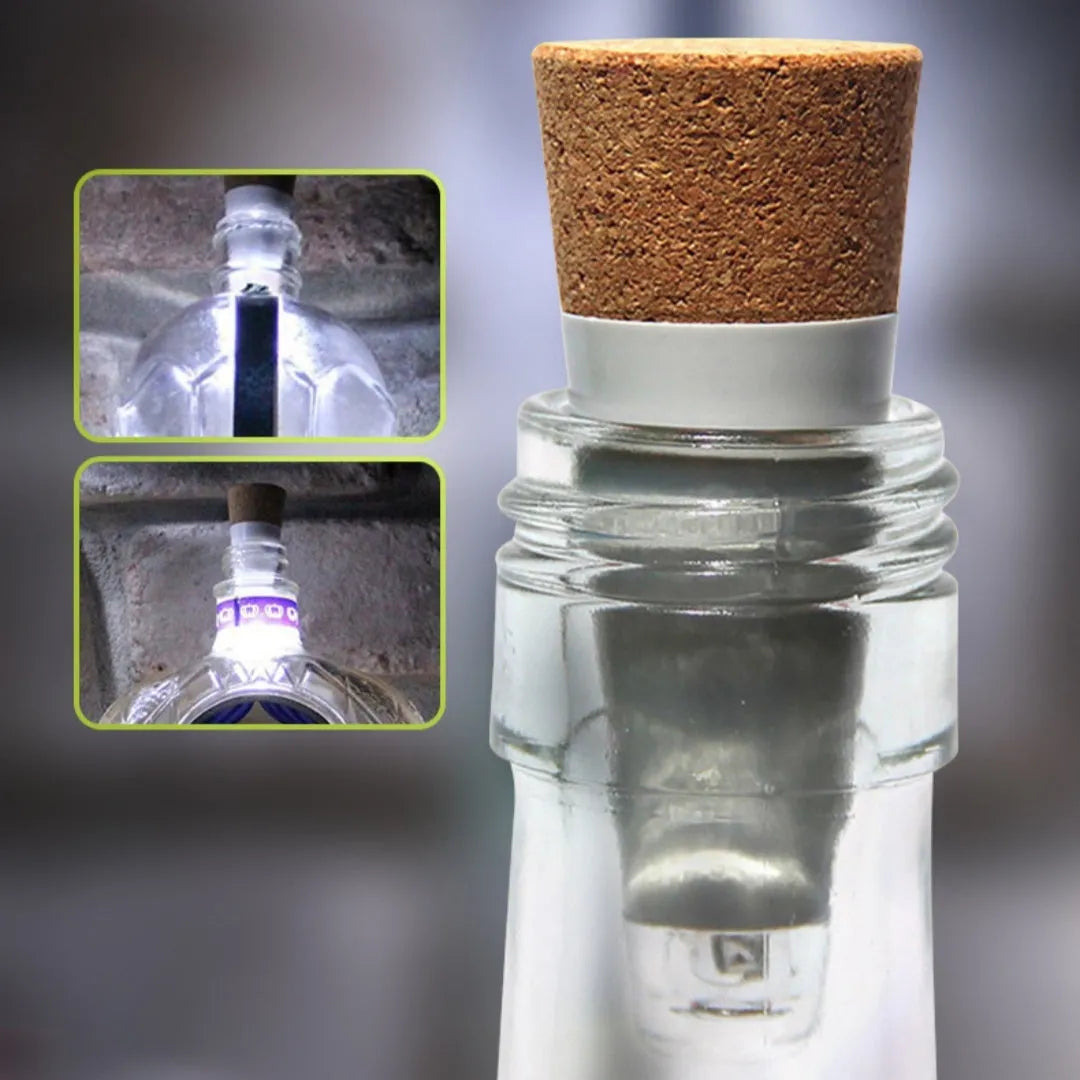 White rechargeable LED bottle cap cork light with plastic shell for holiday decoration.