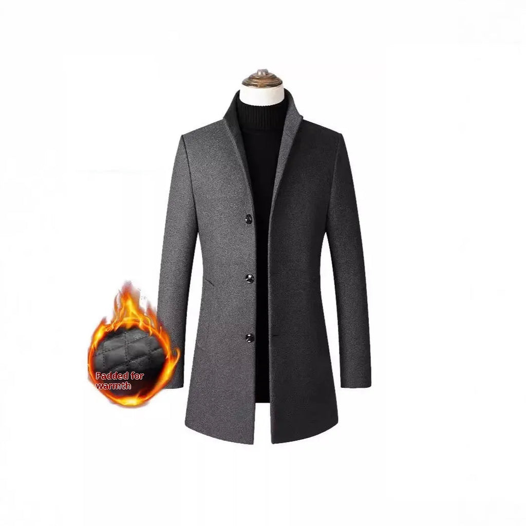 Men's single-breasted stand collar wool blend padded winter coat in solid colour, side seam pockets, S to 3XL sizes