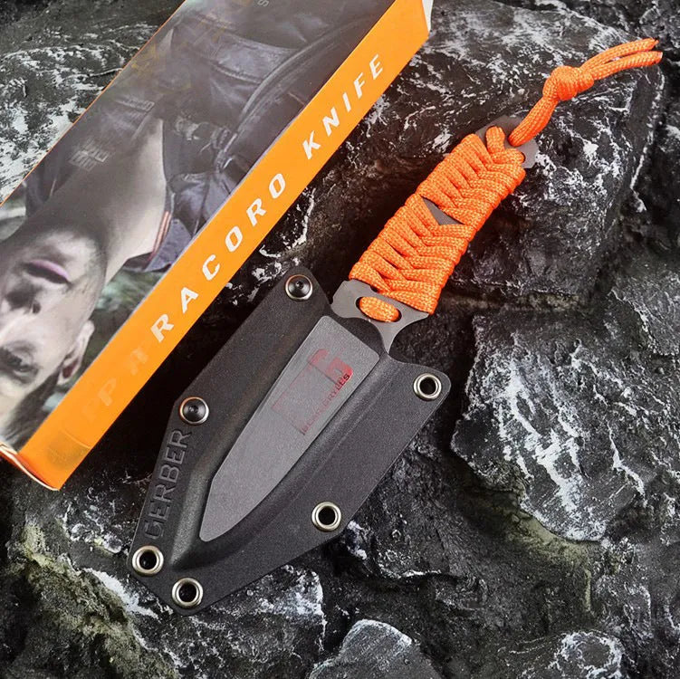 BG197 outdoor camping knife with a straight blade, rope handle, and black ABS plastic sheath.