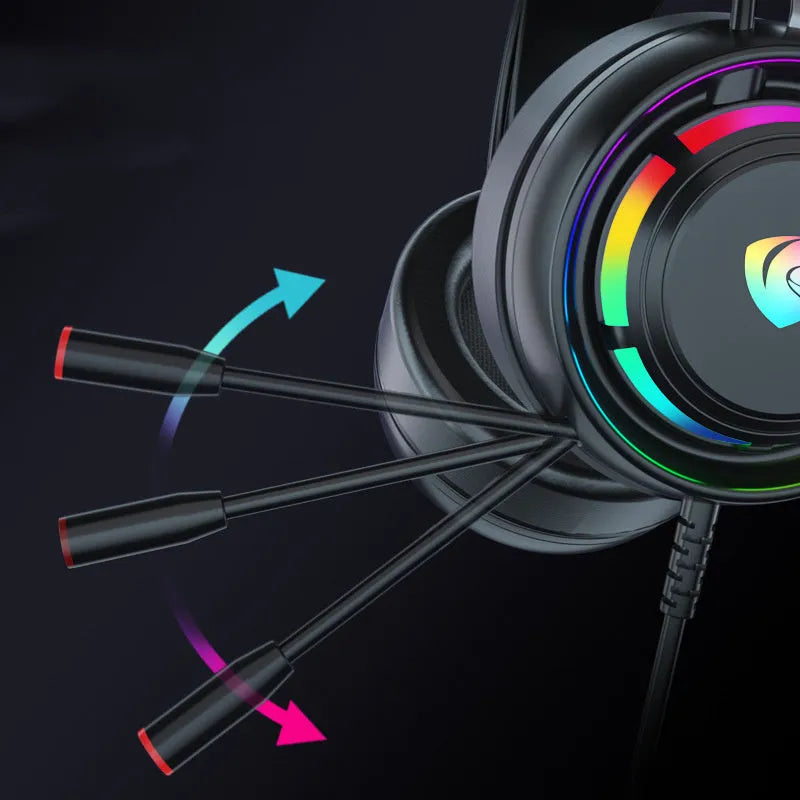 Black wired over-ear gaming headphones with microphone and a long cable, showing 3.5mm and USB plug options.