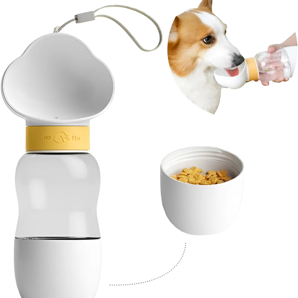 Portable dog water bottle with rotary switch and food container in purple, for outdoor use