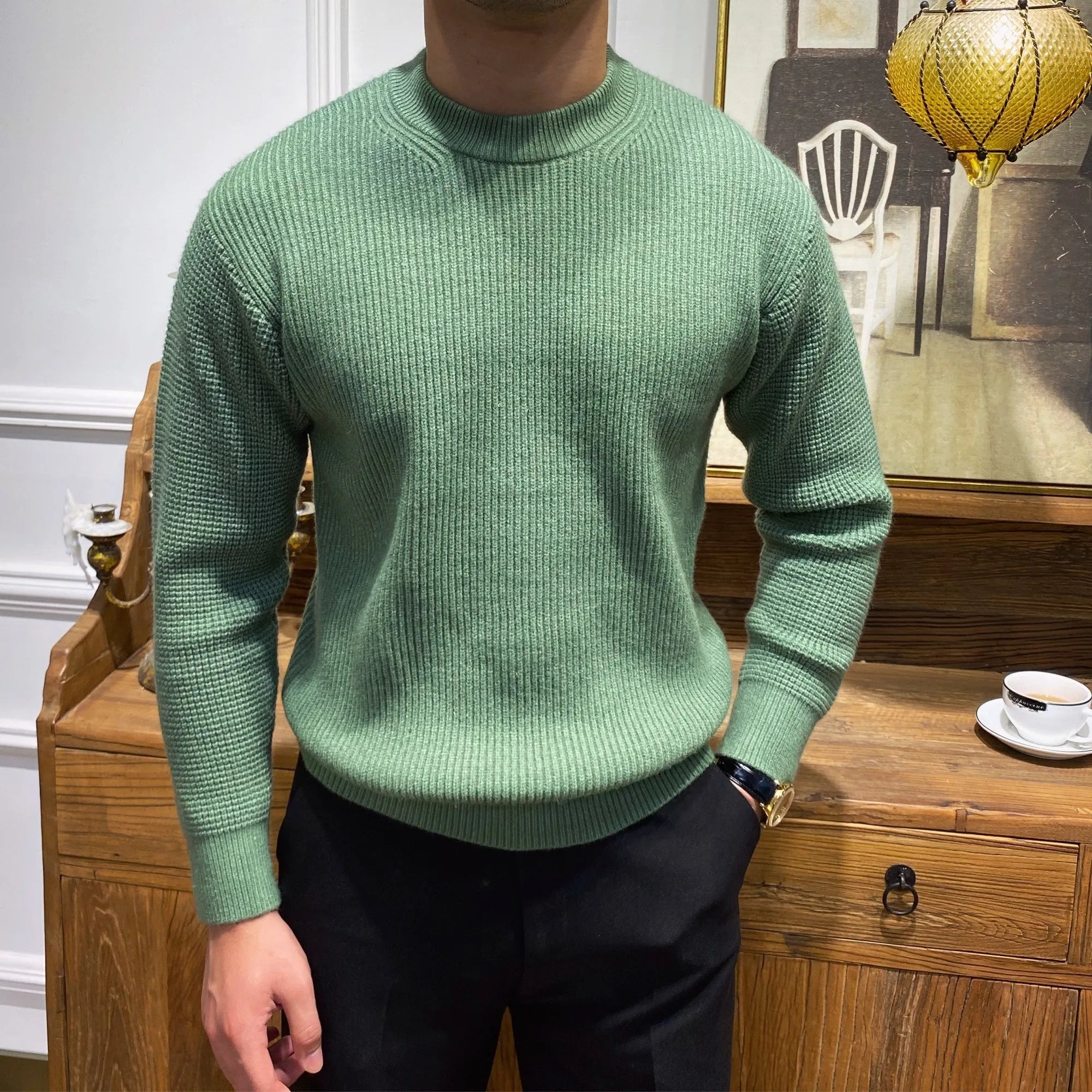 Men's warm knit sweater autumn winter round neck pullover apricot colour ribbed hem