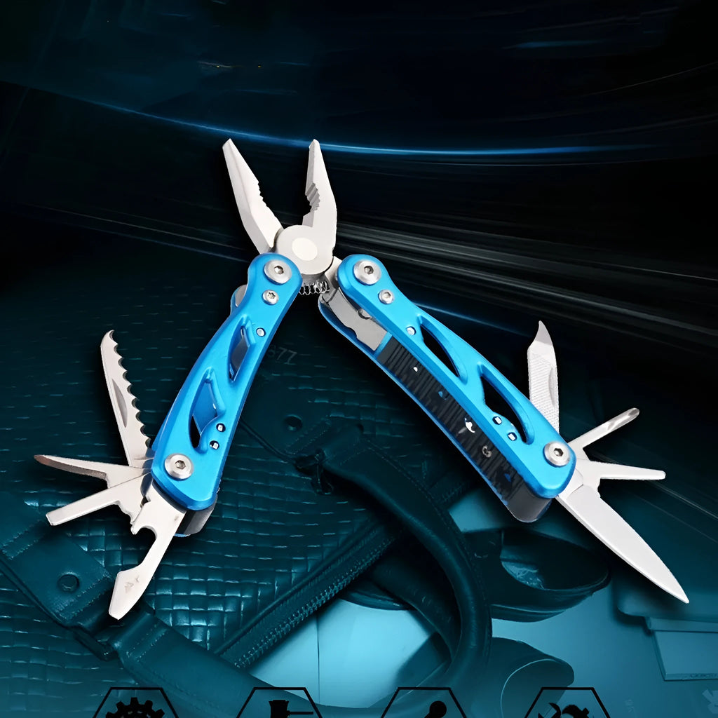 Blue stainless steel folding multi-function pliers with fruit knife and Oxford storage bag