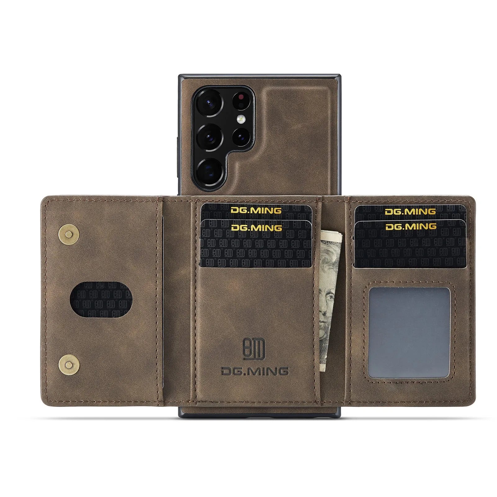 Magnetic card holder case for Samsung S22, black PU, single card slot on back, wireless charging compatible