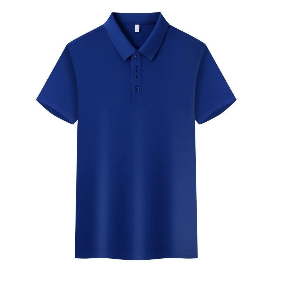 Men's short sleeve polo shirt in cotton-spandex blend, shown in Aerospace Blue colour with lapel collar.