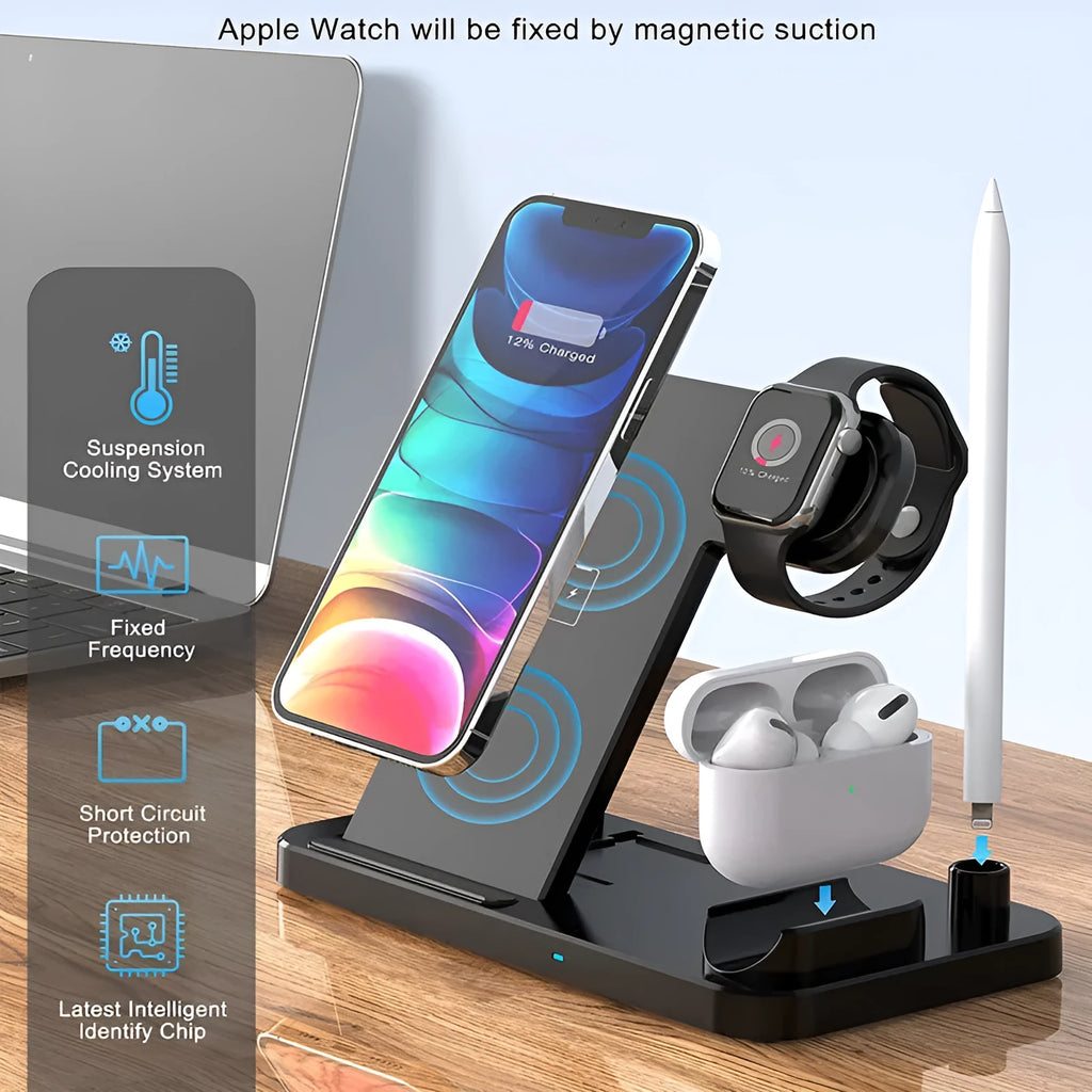 Black four-in-one wireless charging pad with QC3.0 power adapter for multiple phones.