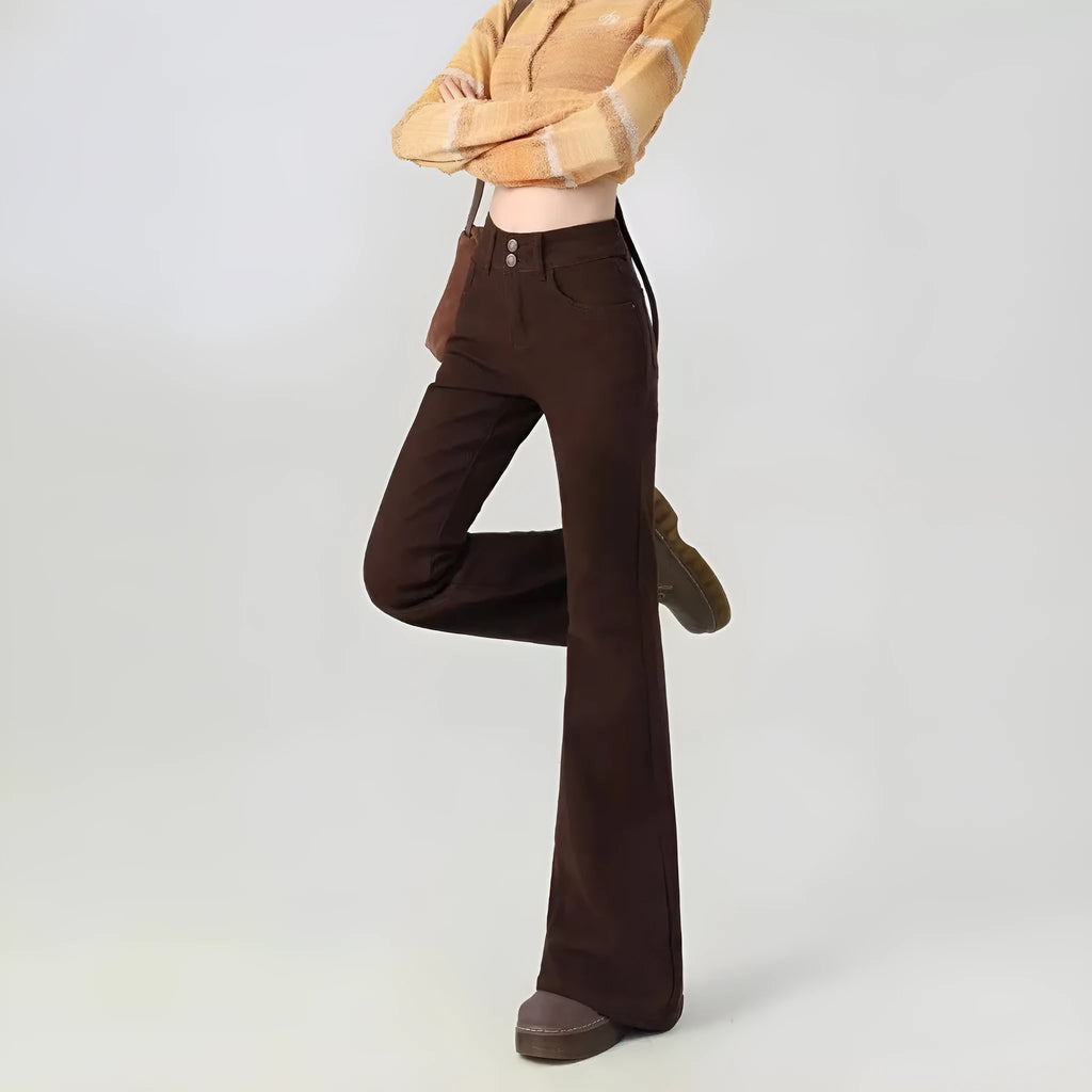 Brown high-waisted flared pants with double button, cotton, straight leg, petite fit.