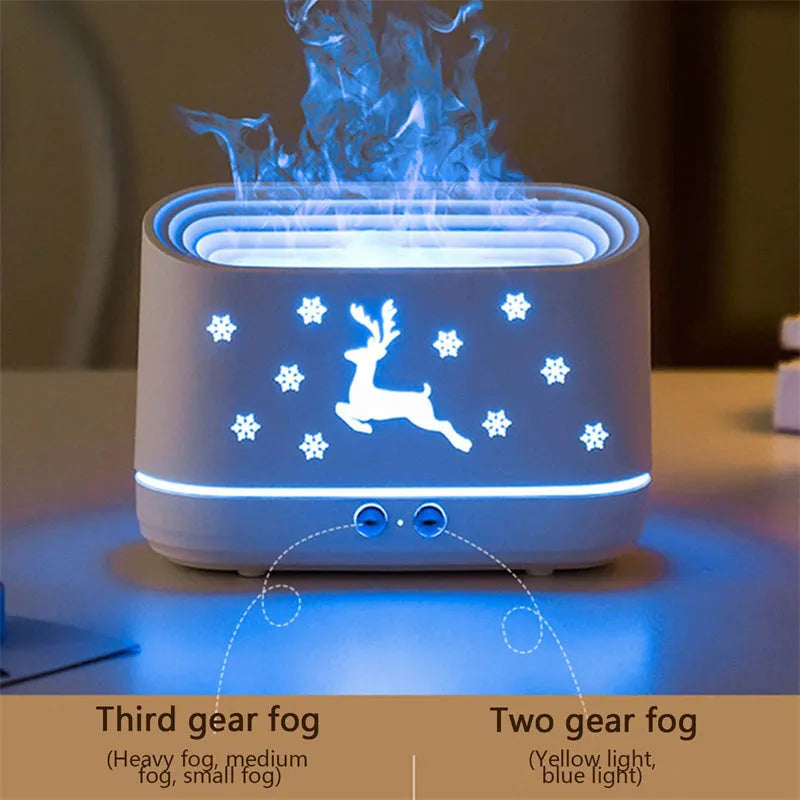 White round Elk flame effect humidifier and essential oil diffuser with USB cable