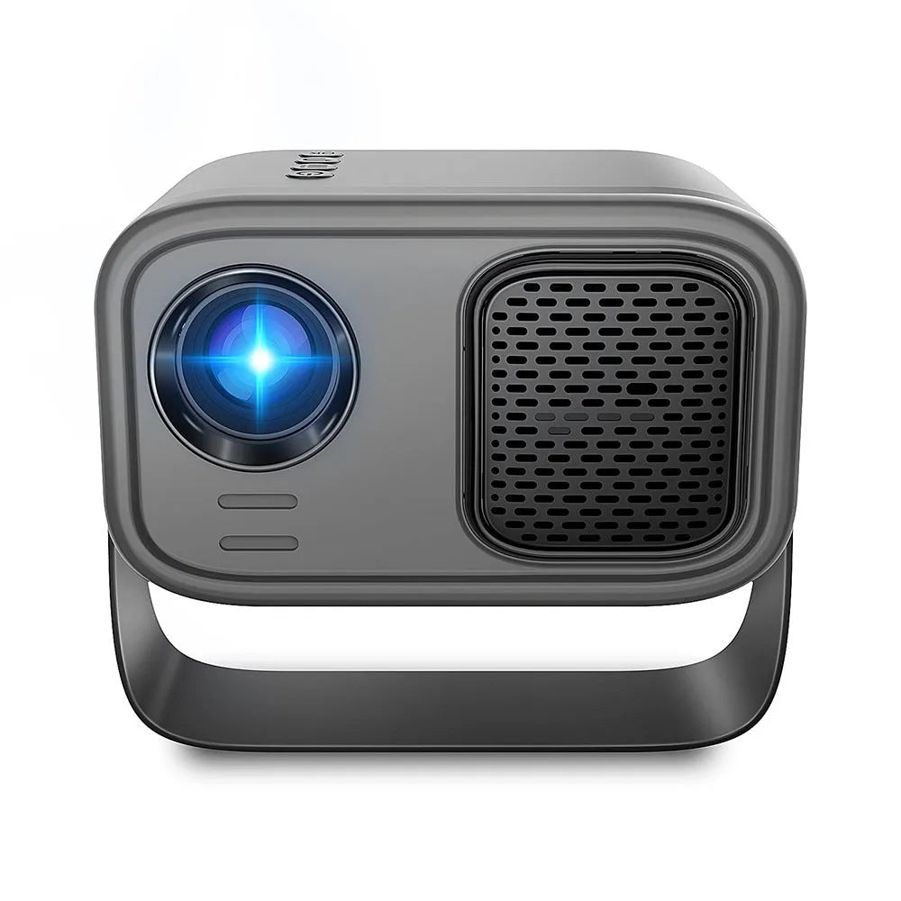 Black portable HD projector with remote control for home office use