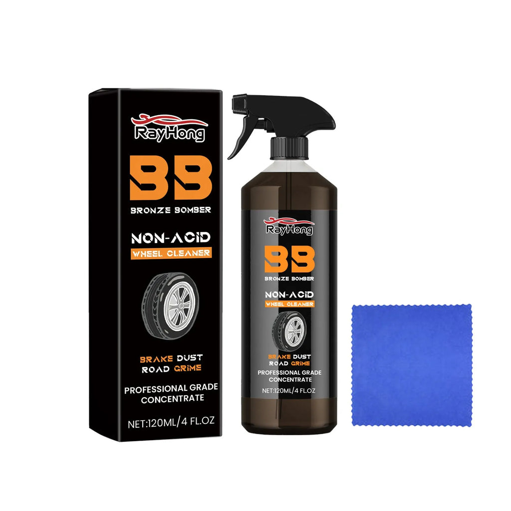 Car tyre cleaner spray bottle and microfibre towel for waterless alloy wheel cleaning