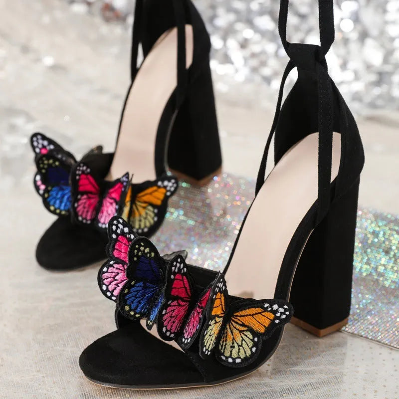 Women's butterfly high heel sandals square toe PVC black colour side view