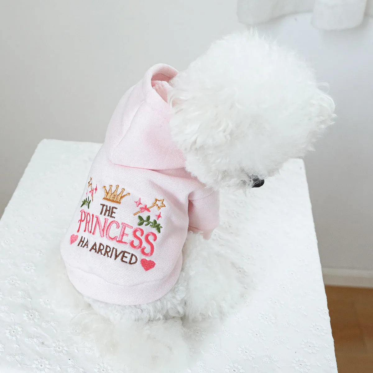 Hooded Little Princess pet sweater in polyester, sizes XS to XL with chest 30-54cm and length 20-40cm