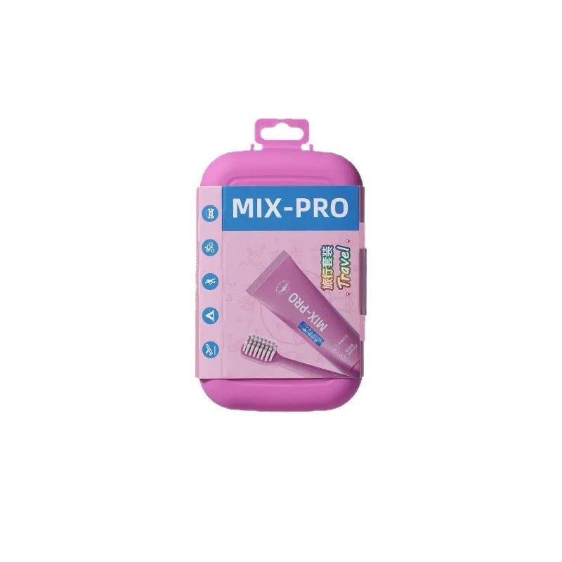 Portable travel toothbrush toothpaste set in blue and pink, compact oral care kit for adults