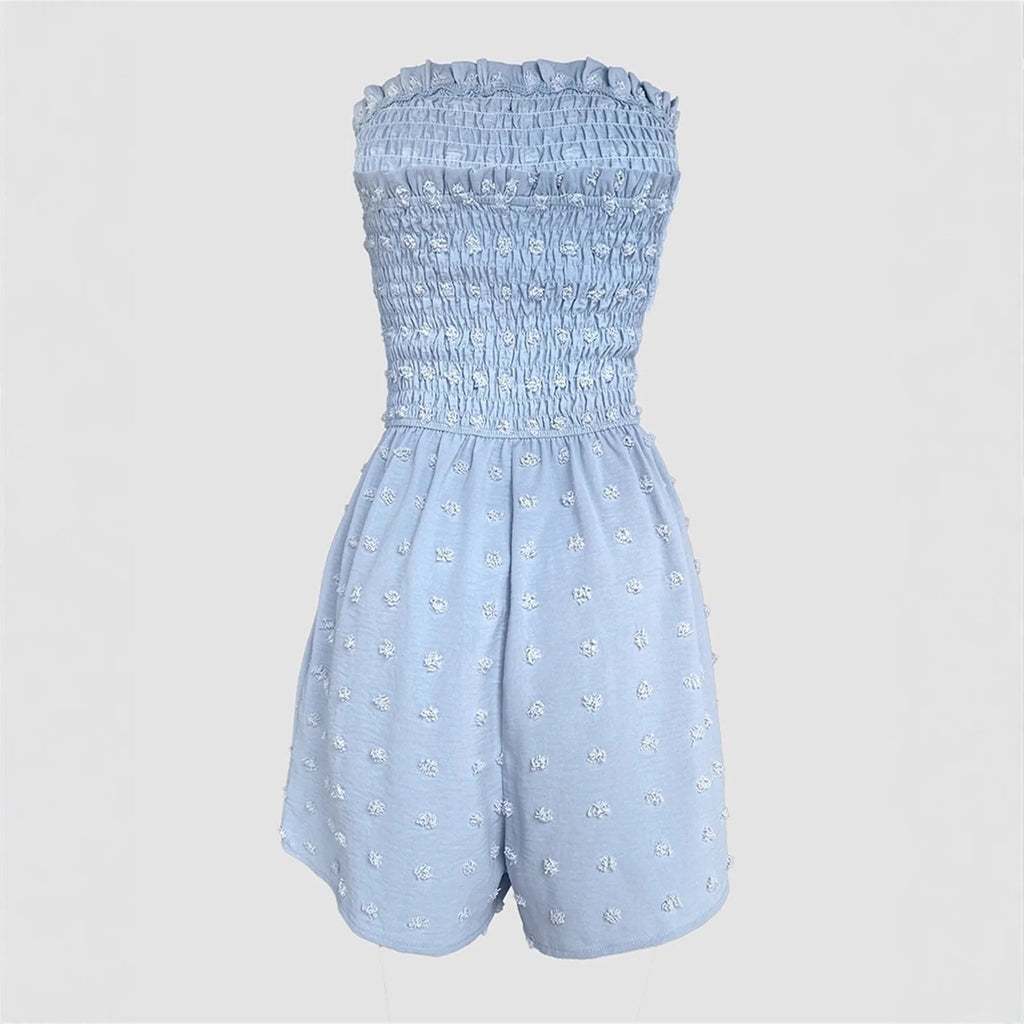 Blue off-shoulder women's jumpsuit with sleeveless design and mid waist on mannequin