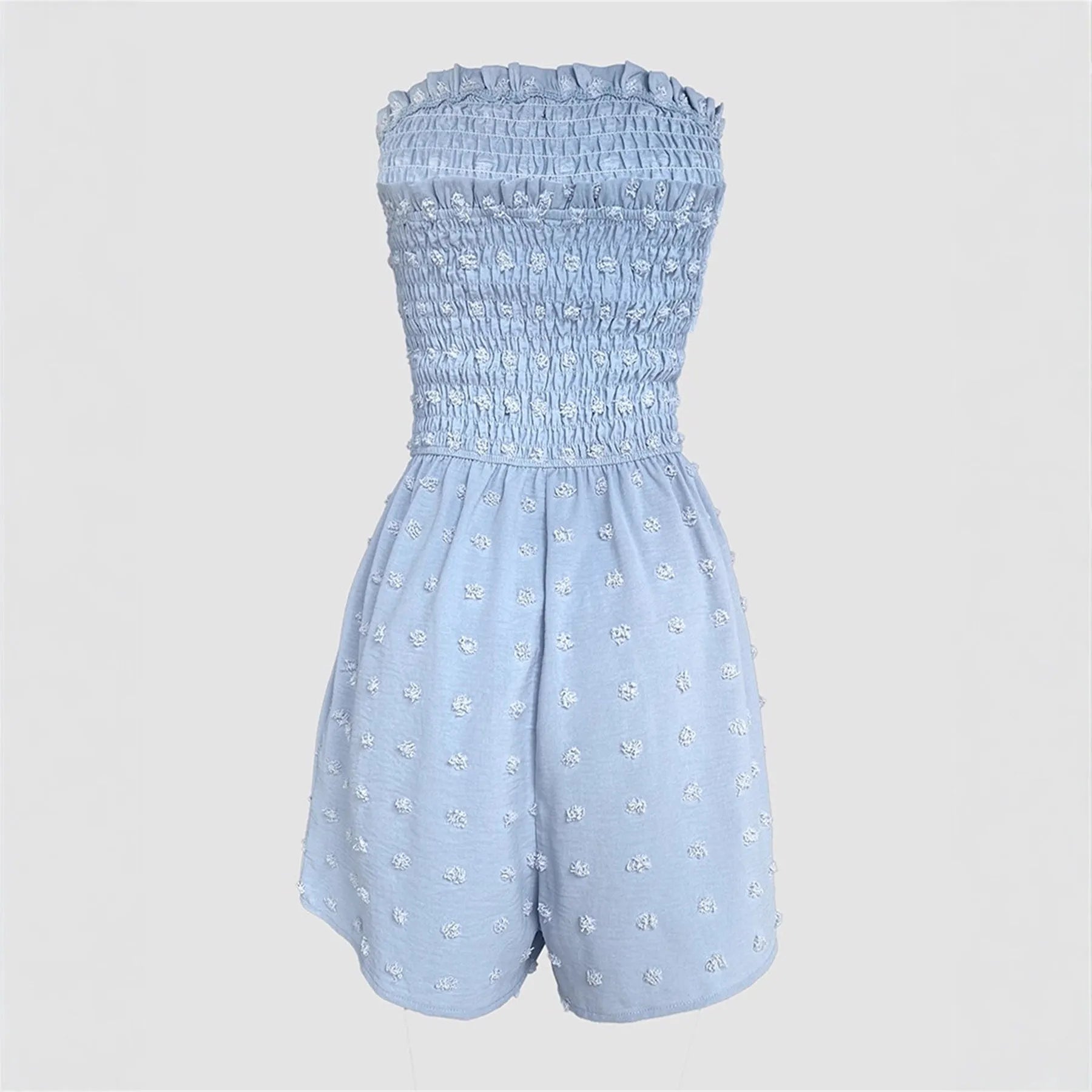 Blue off-shoulder women's jumpsuit with sleeveless design and mid waist on mannequin