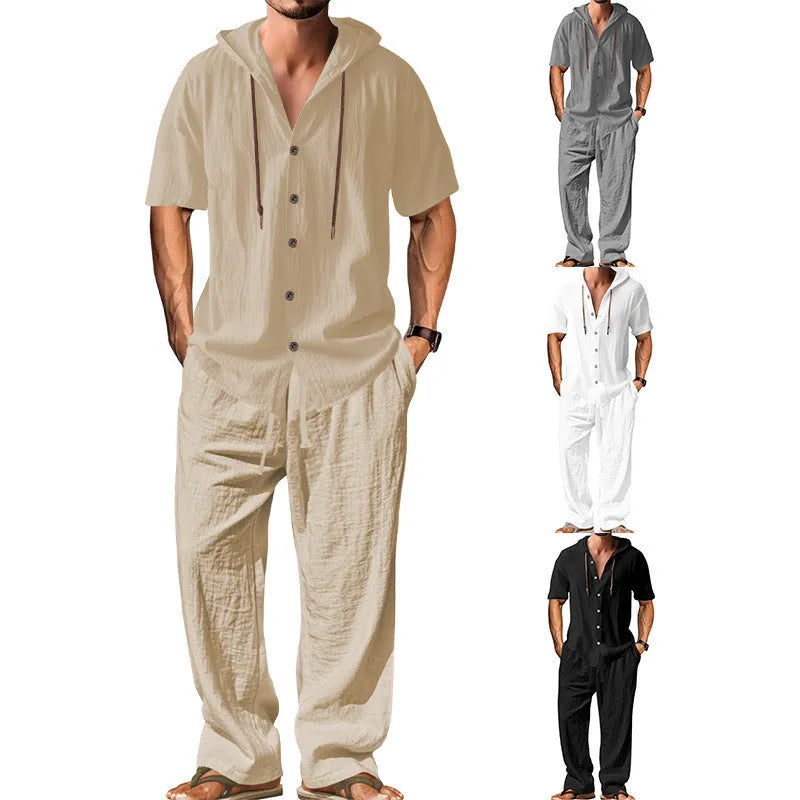 Men's casual cotton sports leisure suit in black, showing long sleeve top and trousers.