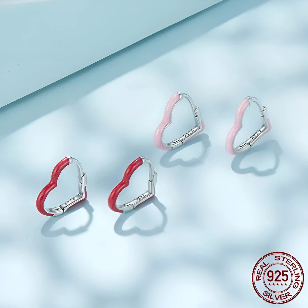 925 silver love heart earrings for women dripping oil finish pink red heart shape ear studs