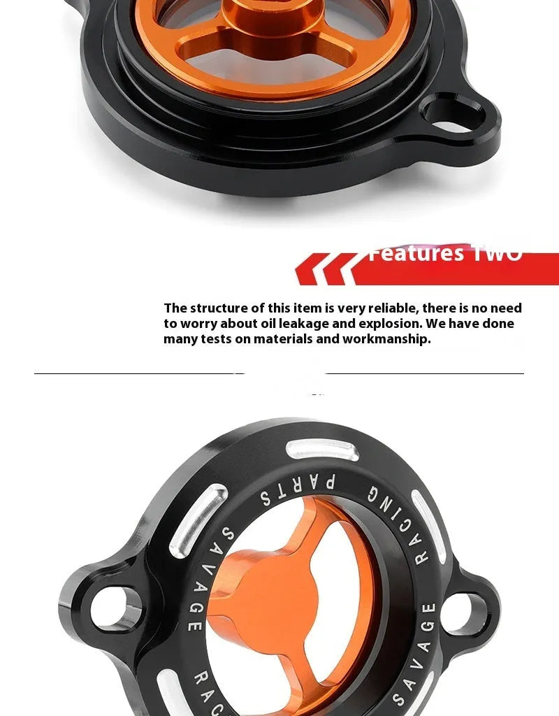 Aluminium alloy transparent oil filter cover for KTM DUKE motorcycles on a workbench