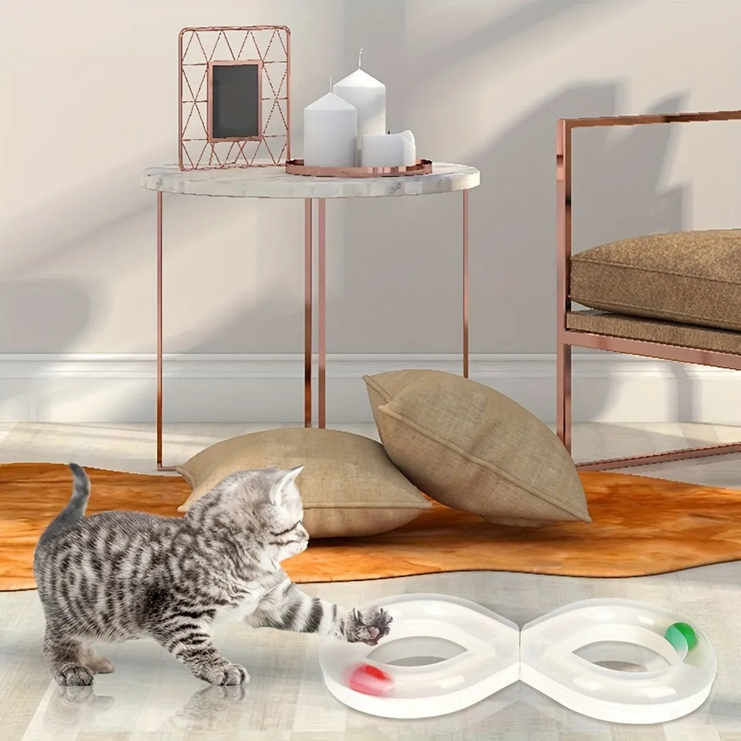 Blue and white cat turntable track ball toy set with teasing stick measuring 50cm long