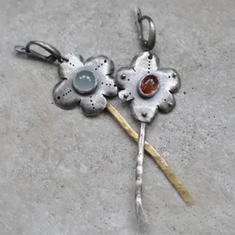 Retro geometric flower drop earrings with asymmetrical two-tone electroplated finish