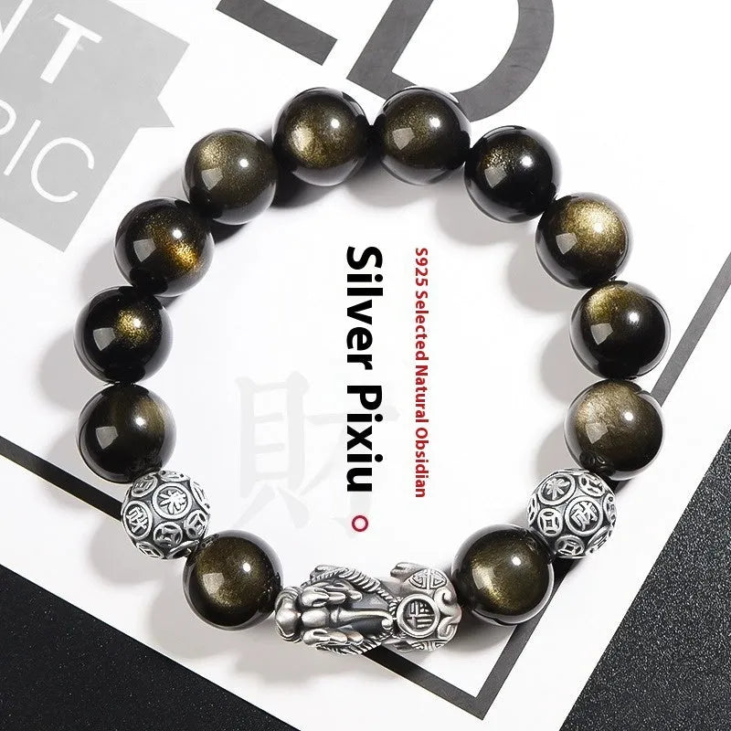 Men's geometric bracelet with sterling silver and natural black obsidian beads in three width sizes