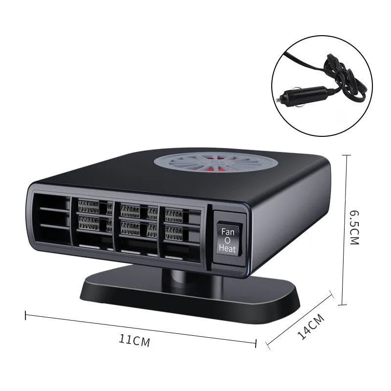 Black 12V vehicle-mounted heater for car defrosting on a dashboard.