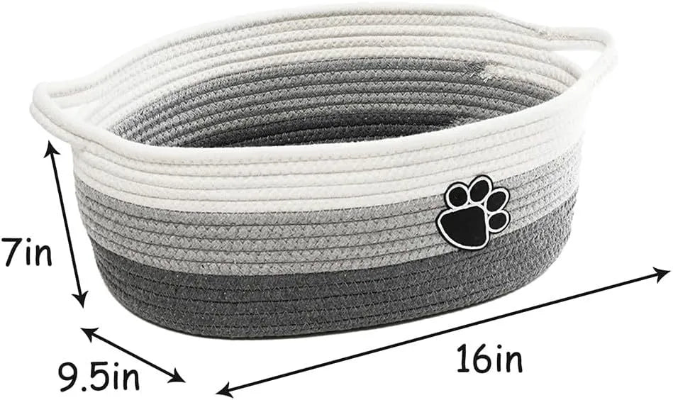Handmade light beige woven cotton rope storage basket with wooden handle 34cm wide