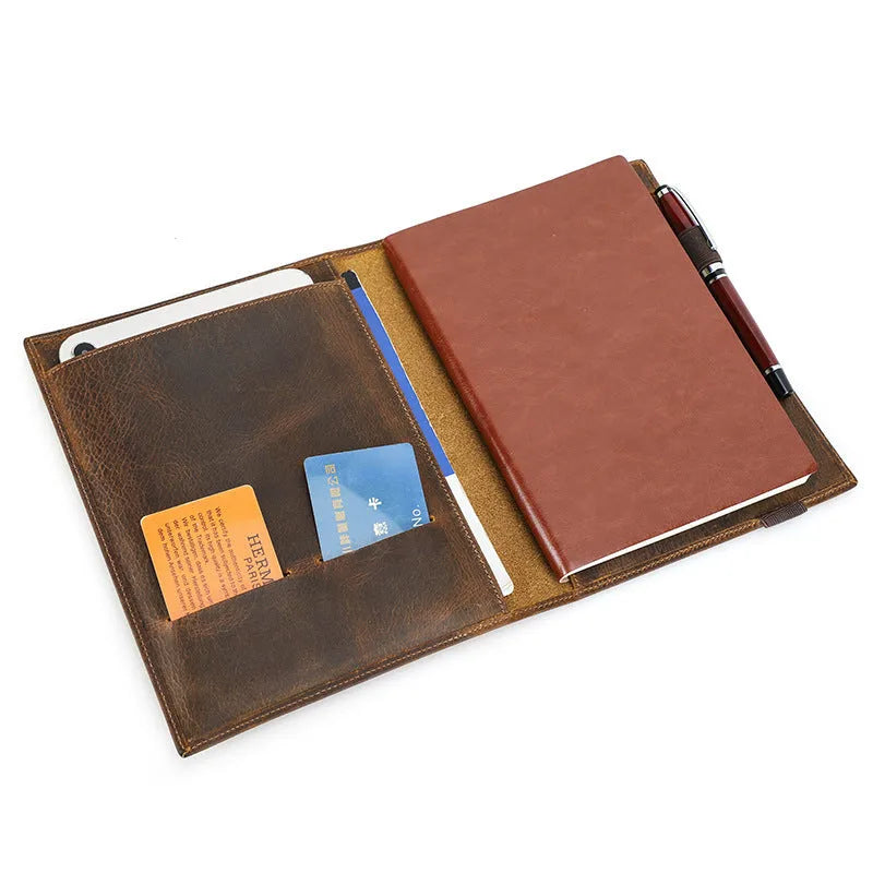 Brown Crazy Horse leather A5 notebook protective sleeve with square socket opening