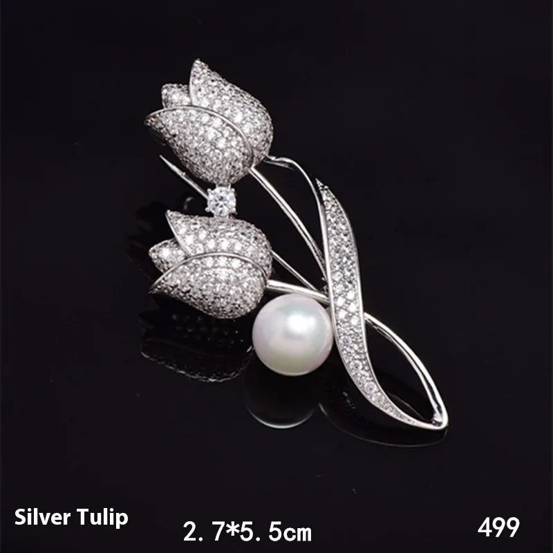 Floral tulip brooch with micro-inlaid zircon detail in 181 silver electroplated finish