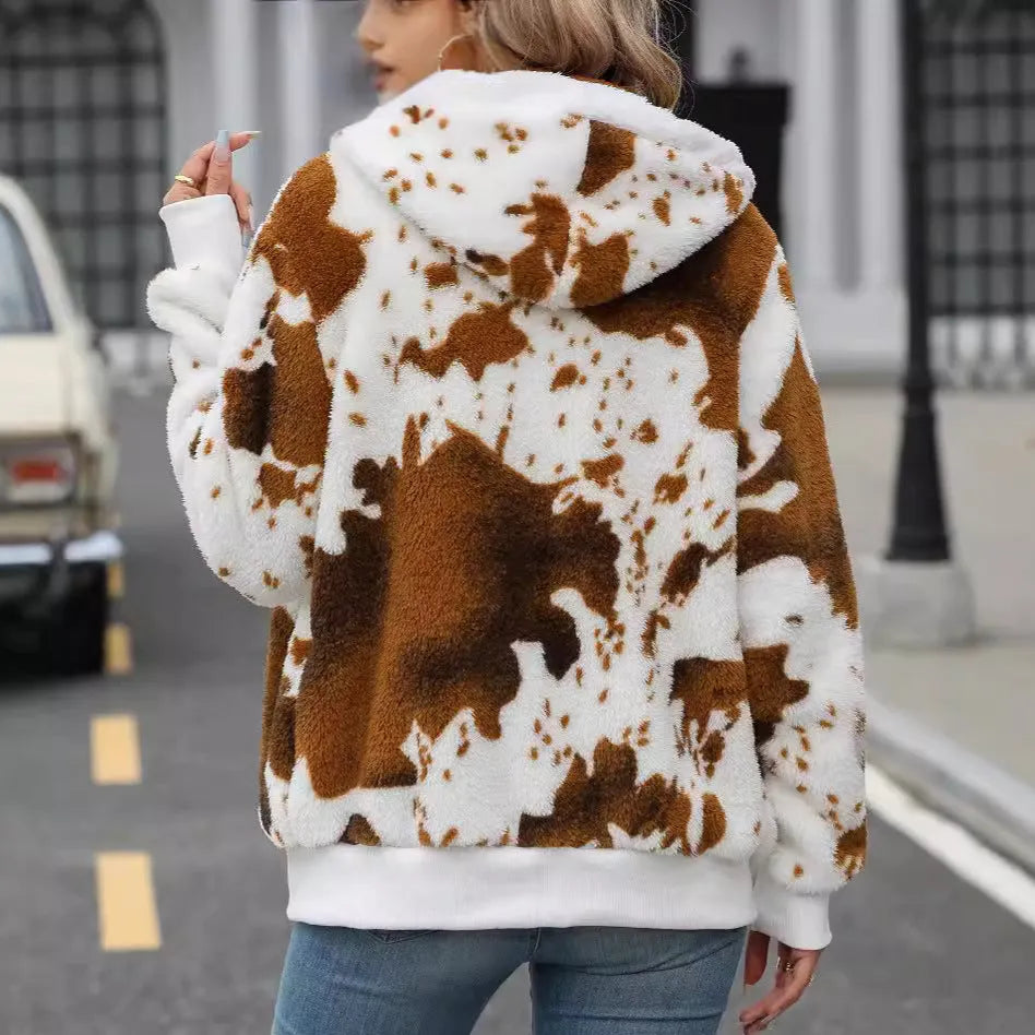 Yellow-brown animal print hooded zip-up cardigan jacket with regular sleeves