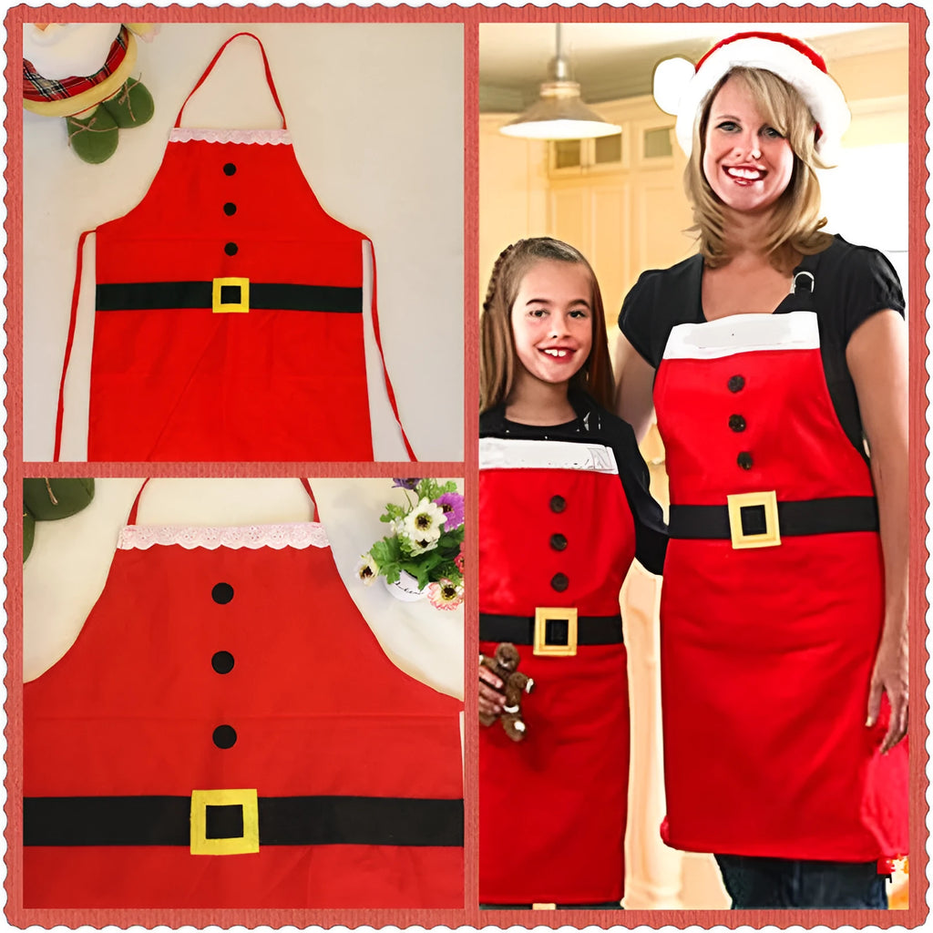 Red Christmas apron for adults and children with long straps for kitchen use