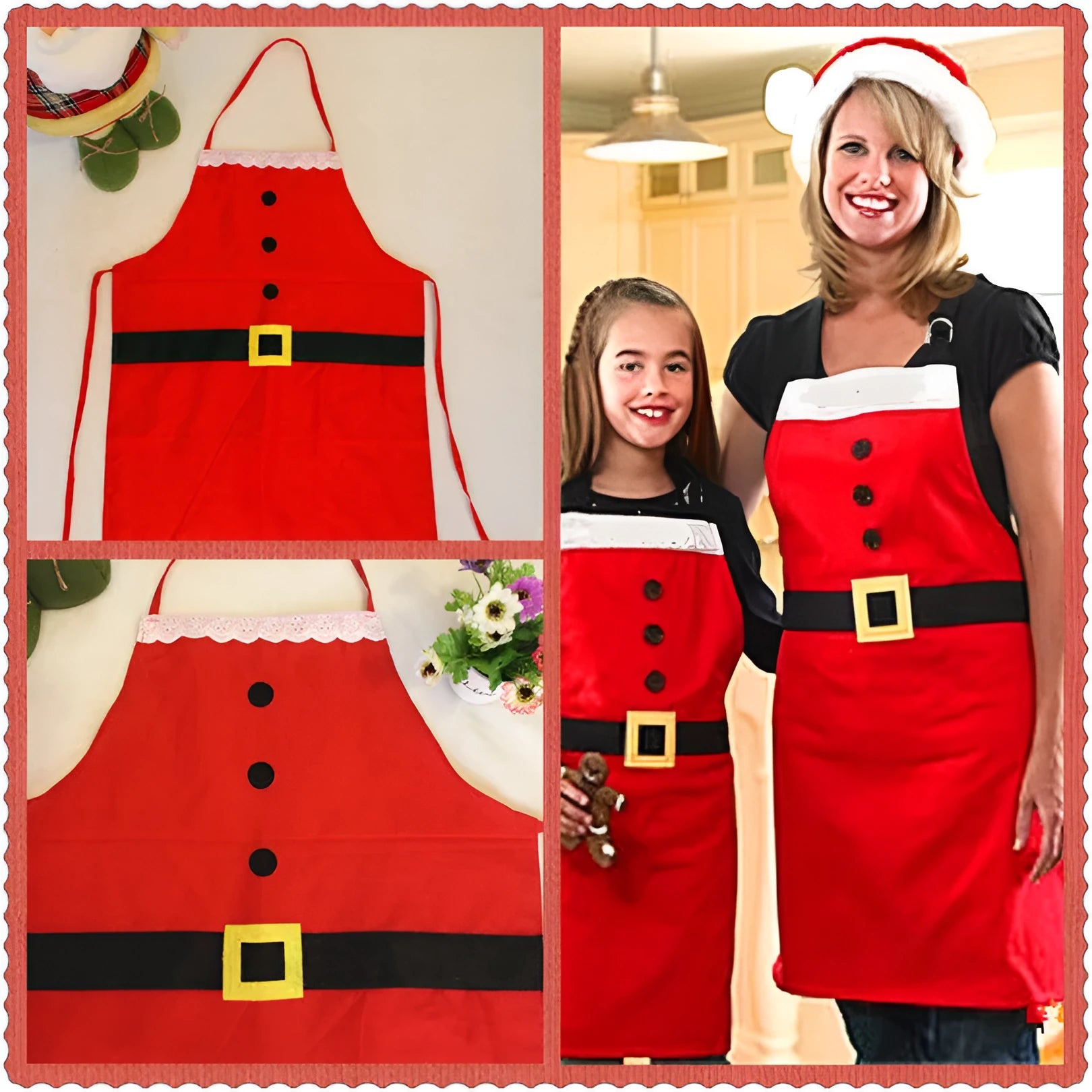 Red Christmas apron for adults and children with long straps for kitchen use