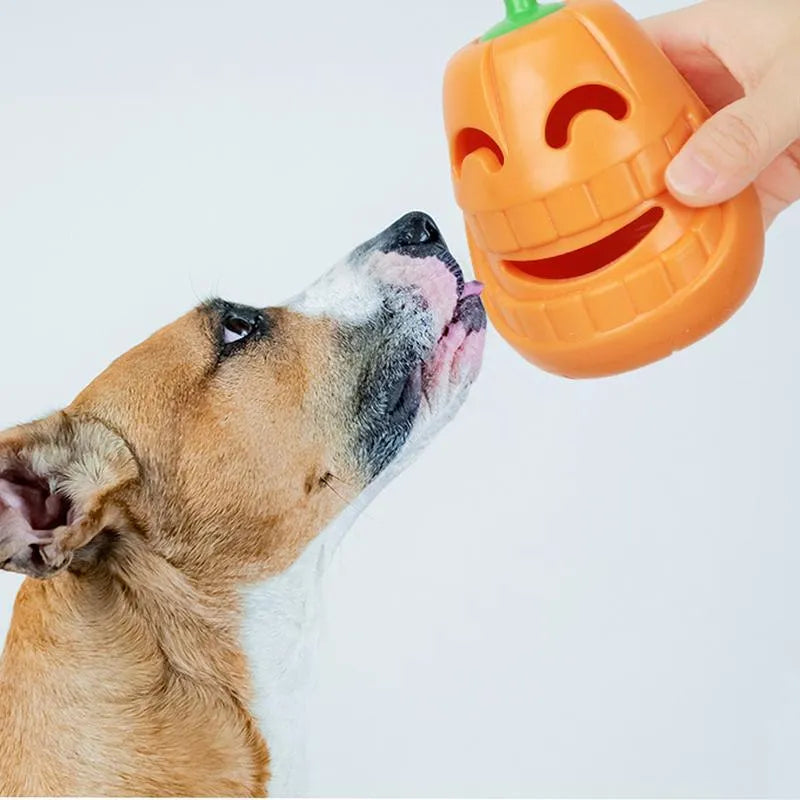 Yellow pumpkin-shaped TPR dog chew toy for aggressive chewers
