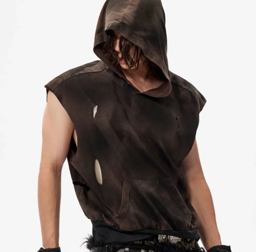 Khaki cotton short sleeve hooded vest with front pouch pocket and oversized streetwear fit