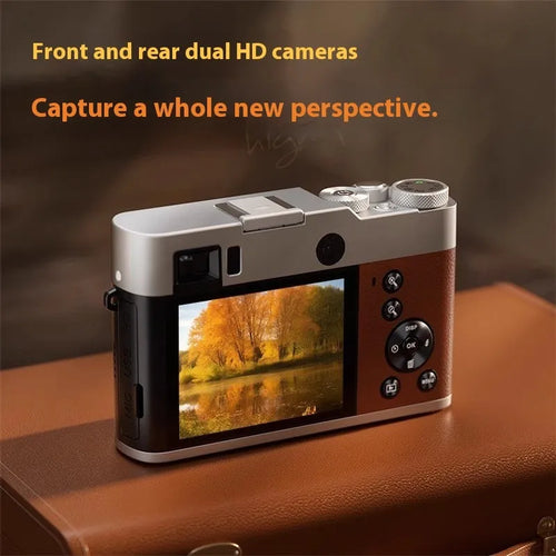 Black or brown 5K digital camera with dual lenses, a 2.88-inch screen, and an optical viewfinder on top.