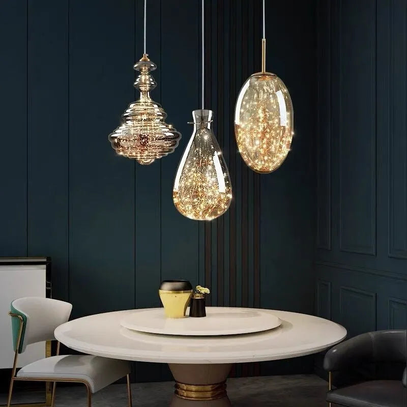 Modern glass chandelier droplight with adjustable height mechanism and LED lighting