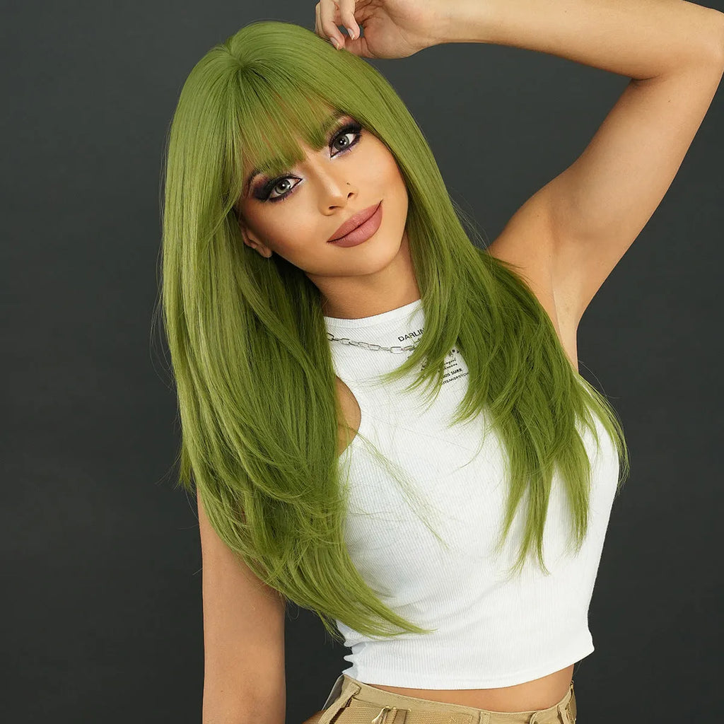 Long straight vanilla green women's wig with full bangs, 63cm length.