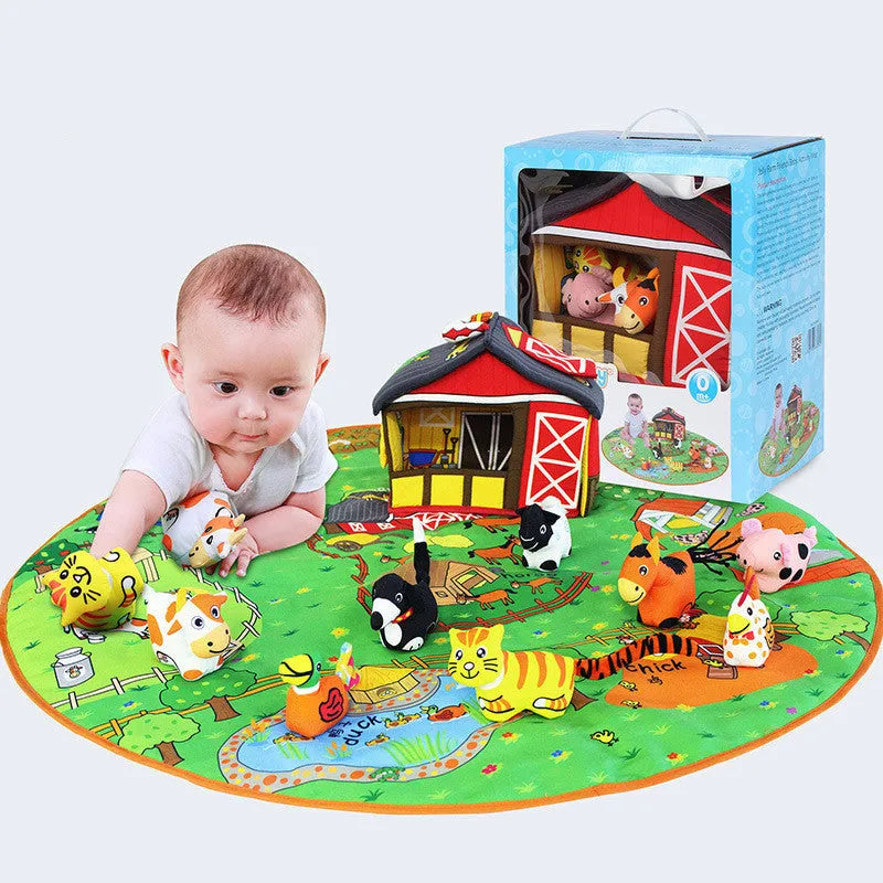 Baby play blanket with jungle animal toys on integral 1cm thick crawling mat for early education