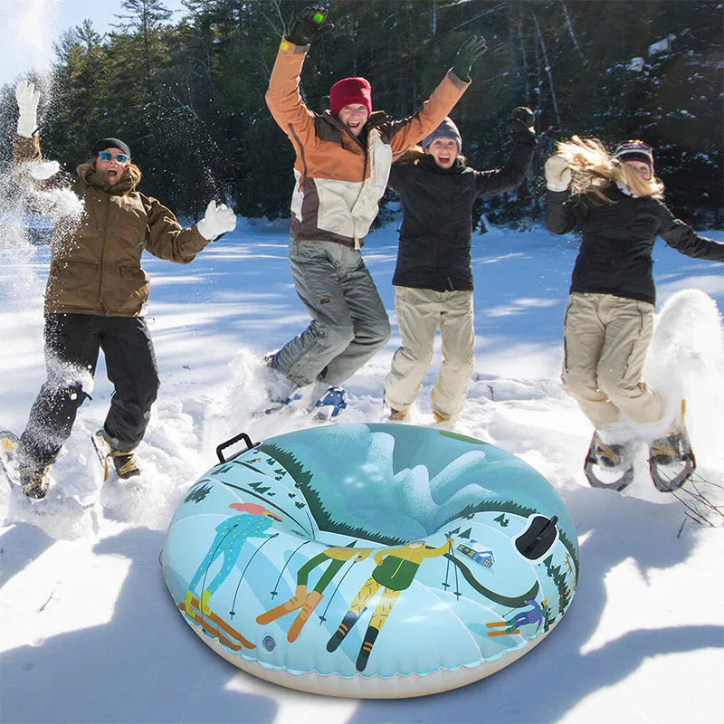 Outdoor PVC skiing ring toy in three colour variations: snow mountain, ice-snow blue, and flame red designs