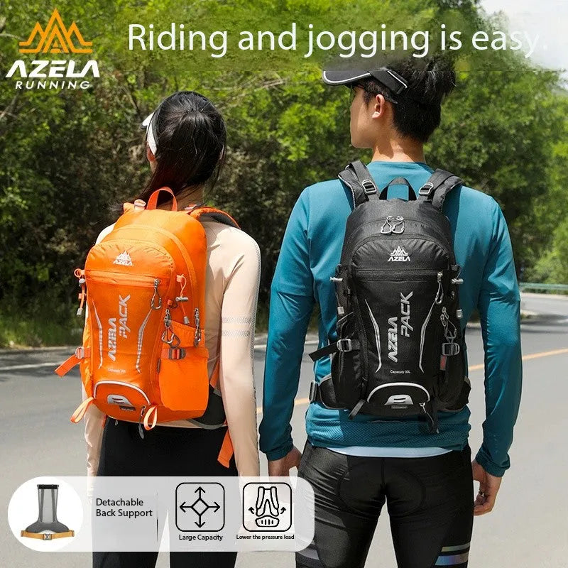 AZELA 30 litre orange hiking backpack with multiple compartments for outdoor camping and trekking