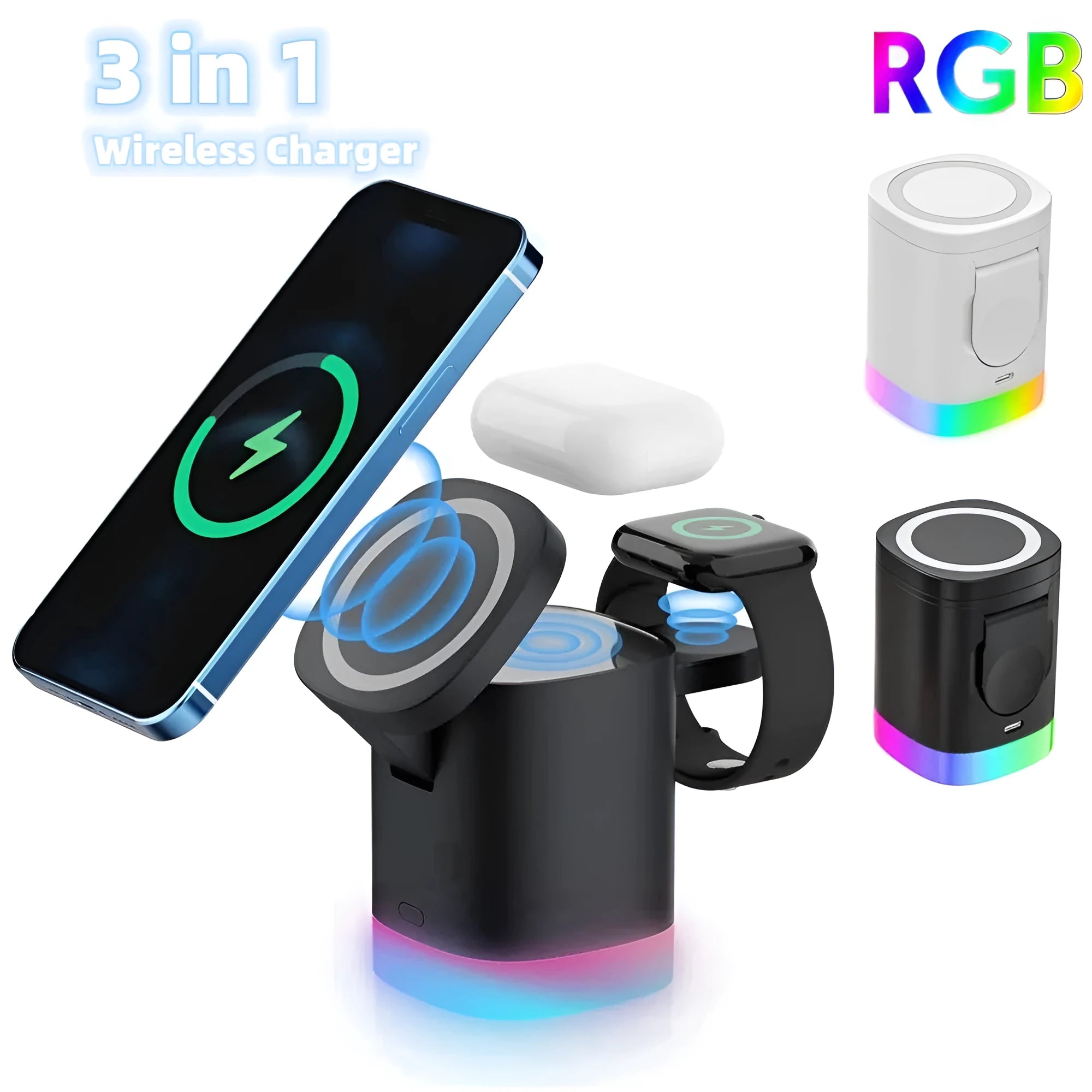 Black foldable 3-in-1 magnetic wireless charging station showing phone, watch and earbuds charging simultaneously.