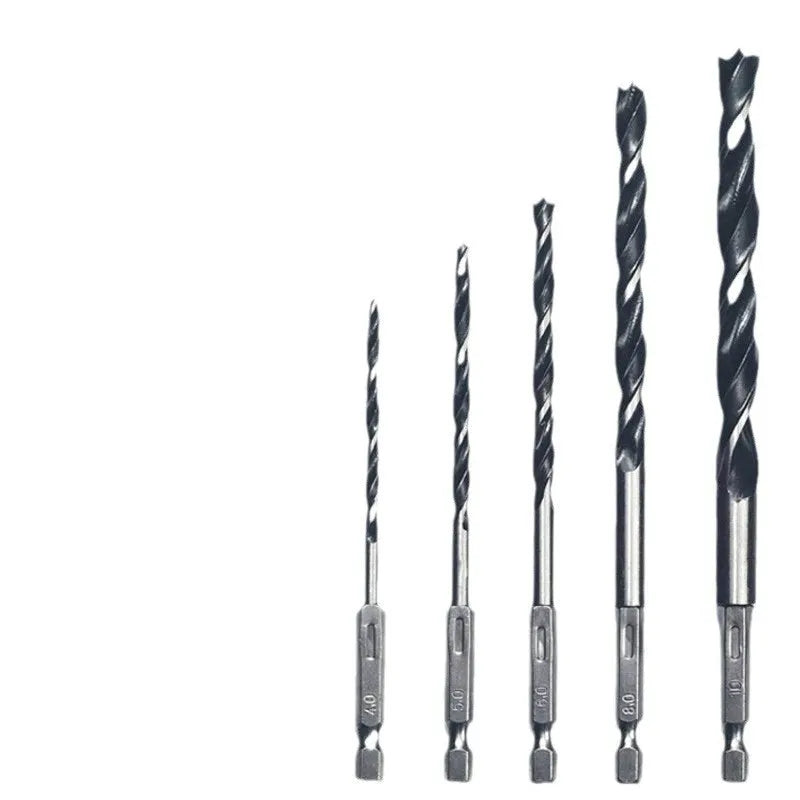 Woodworking twist punch drilling bit set of five steel bits with hexagonal handles for electric drill
