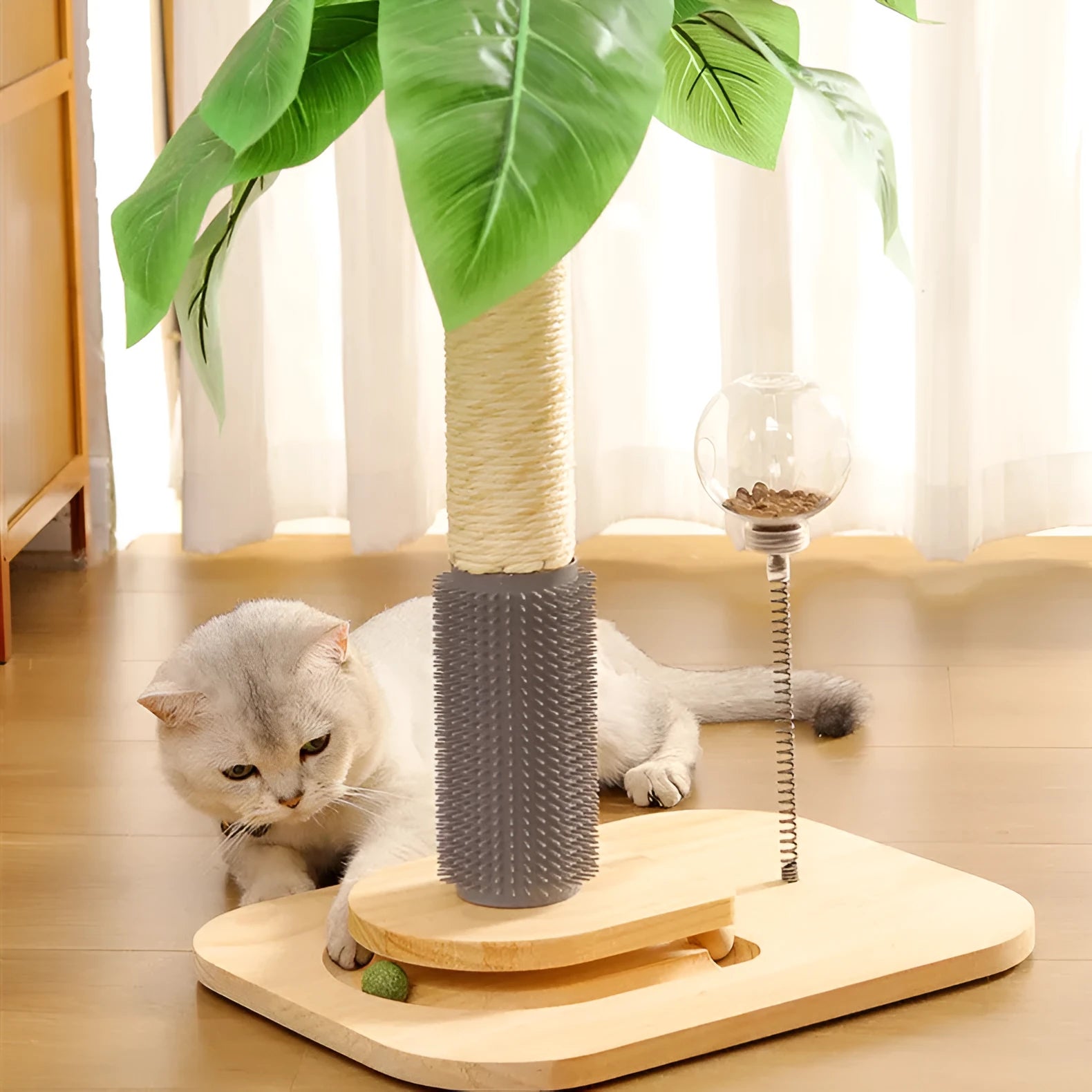 Tall wooden cat scratching post in Canna colour with a grab column and food drop ball attachment.